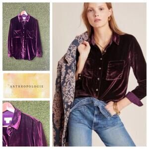 Maeve by Anthropologie Katrina Velvet Blouse Purple Long Sleeve Button Up Size 4